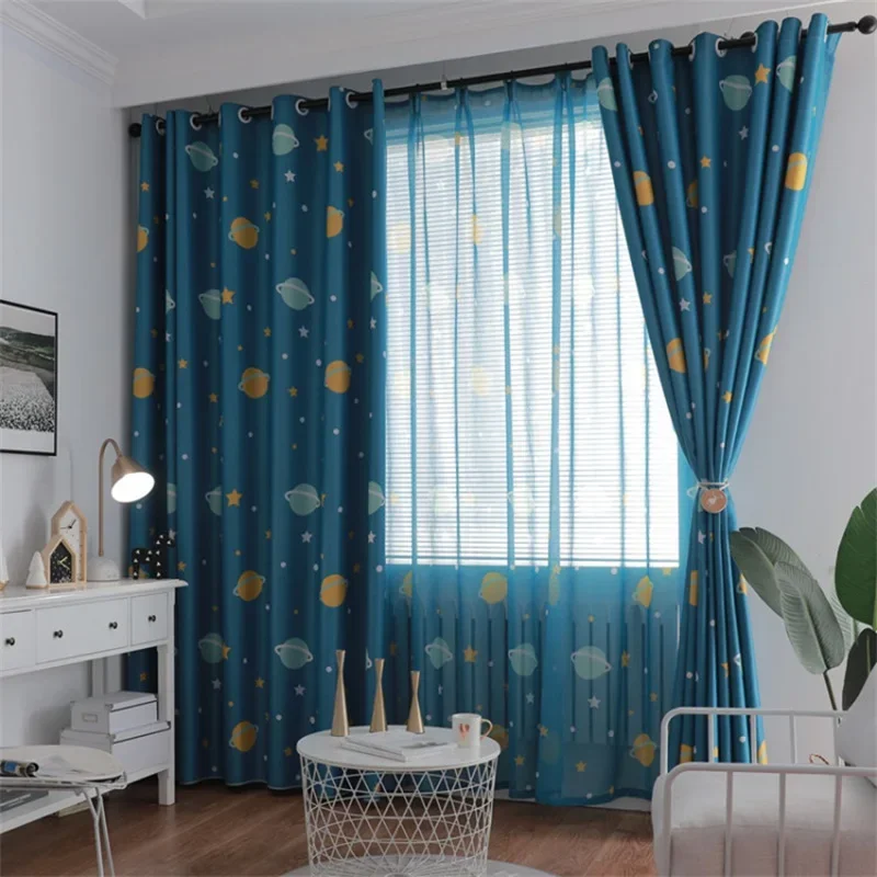 Modern Cartoon Blue Planet Embroidery Tulle For Boy Room Kids Room Cute Starry Sky Star Curtains For Living Room Decor Screen