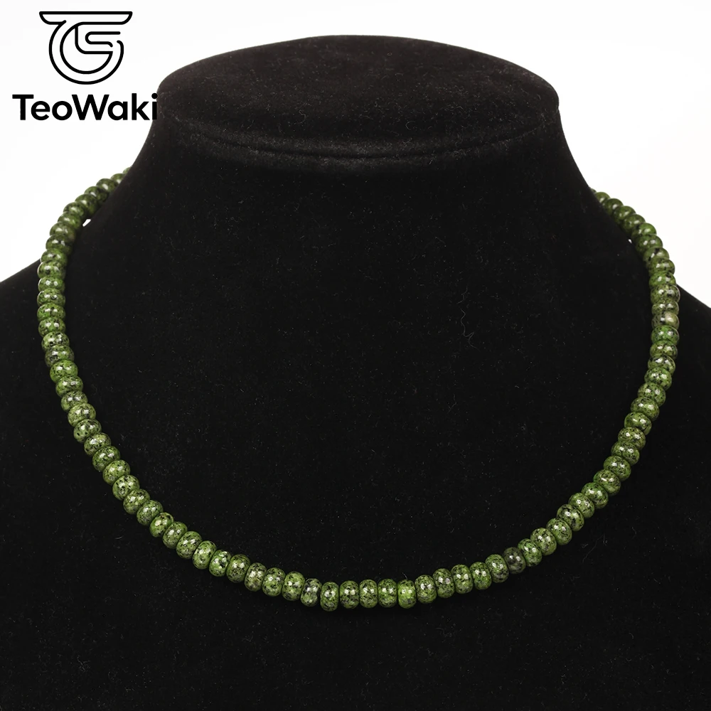 TeoWaki 4x6mm Green Stone Abacus Bead Necklace 40cm Natural Stone Choker for Men Women Christmas Symbol of Courage & Confidence