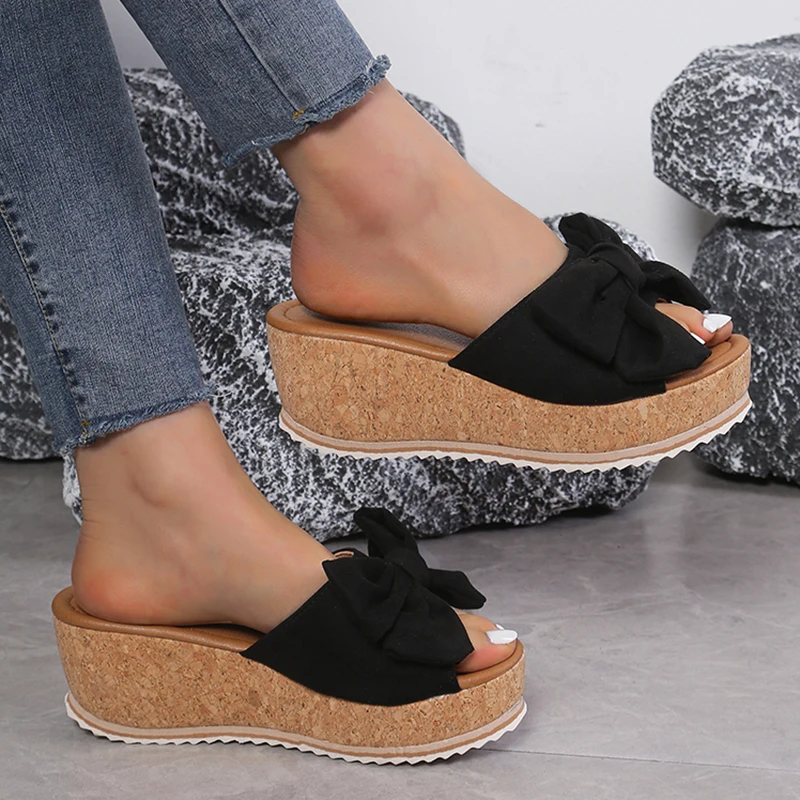 Sandalias de cuña con lazo para Mujer, zapatos de plataforma gruesa con estampado de leopardo, zapatillas de suela gruesa de talla grande, 2024