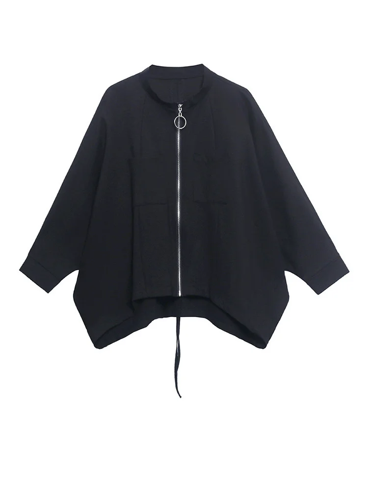 [EAM] Loose Fit Black Big Size Casual Jacket New Stand Collar Long Batwing Sleeve Women Coat Fashion Spring Autumn 2024 1DF0668