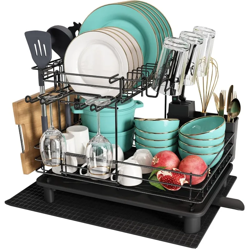 

Kitchen Dish Drying Rack, 2 Tier Dish Drainer for Kitchen Counter, Stainless Steel Dish Strainer with Drain Board