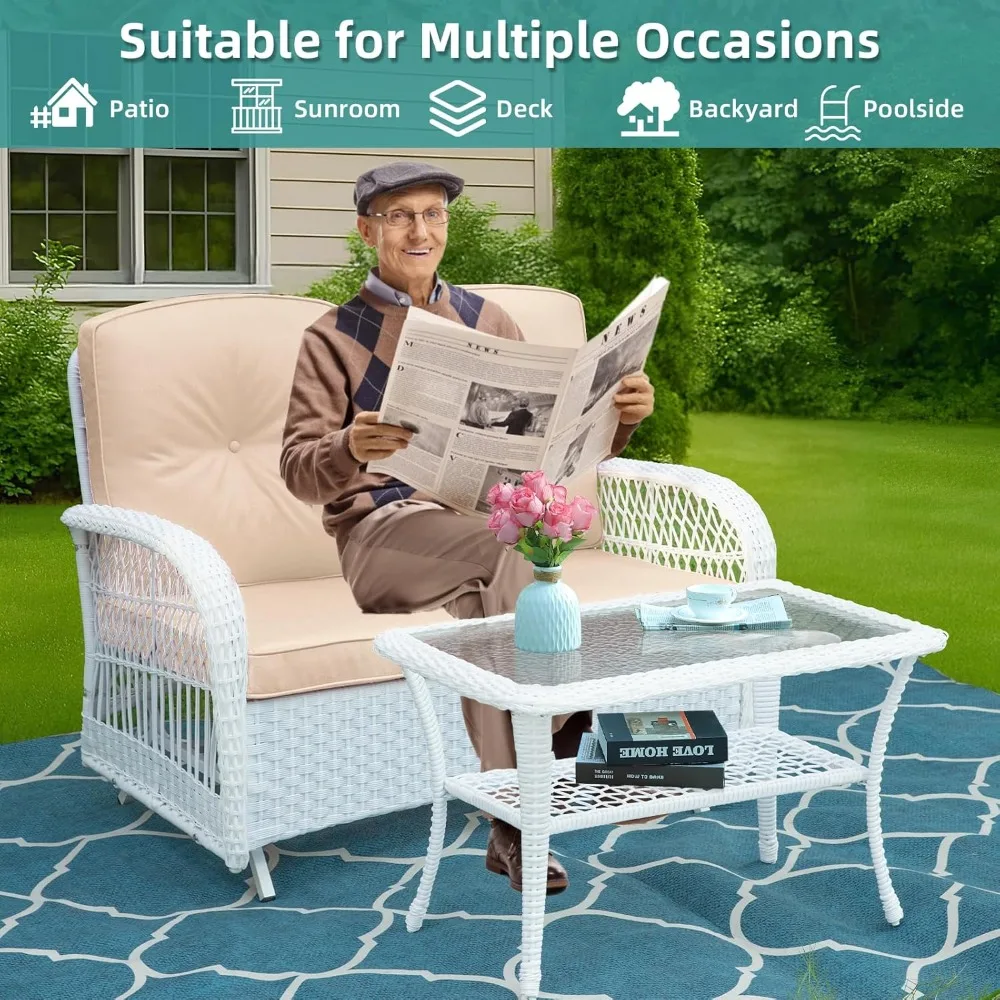 Wicker Patio Coffee Table, 34.5 Rectangle Outdoor Coffee Table with Tempered Glass Top and 2-Tier Storage Shelf