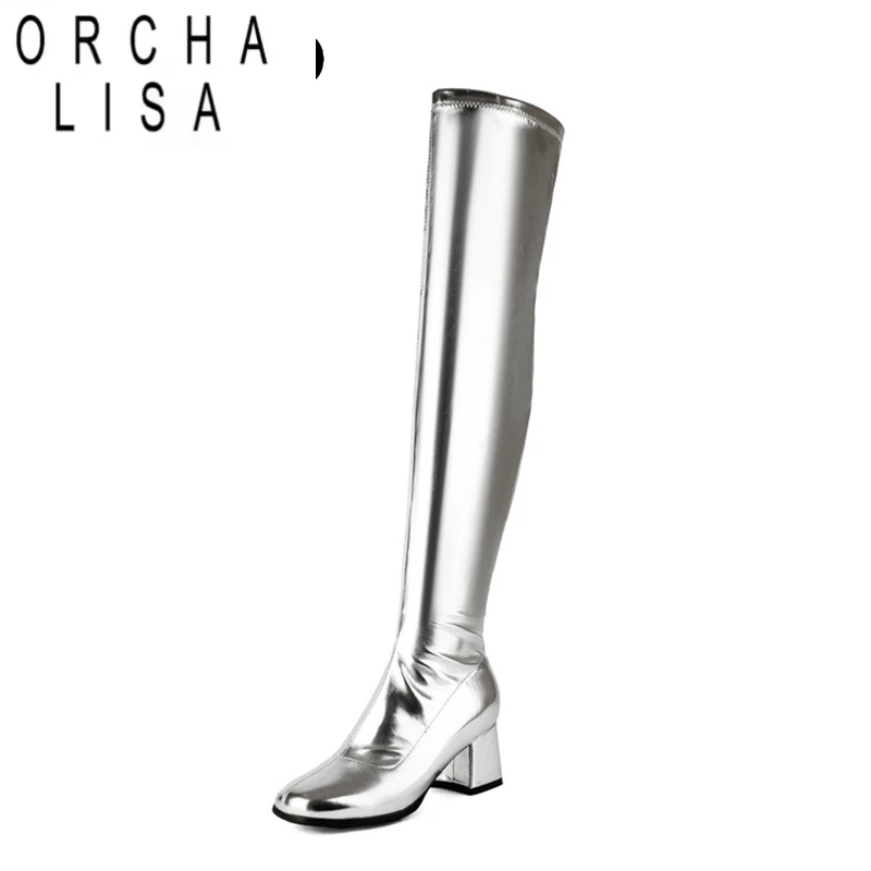 

ORCHA LISA Winter Autumn Over Knee Boots 6cm Chunky Heel Round Toe Leather Thigh High Big Size 45 46 47 48 US17 Black White