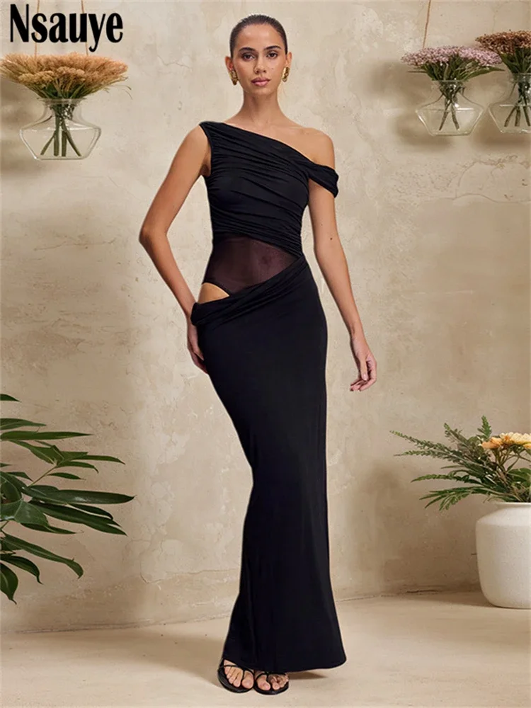 Verão roupas femininas moda elegante clube longo malha fora do ombro maxi bodycon oco para fora vestido sexy vestido de festa à noite