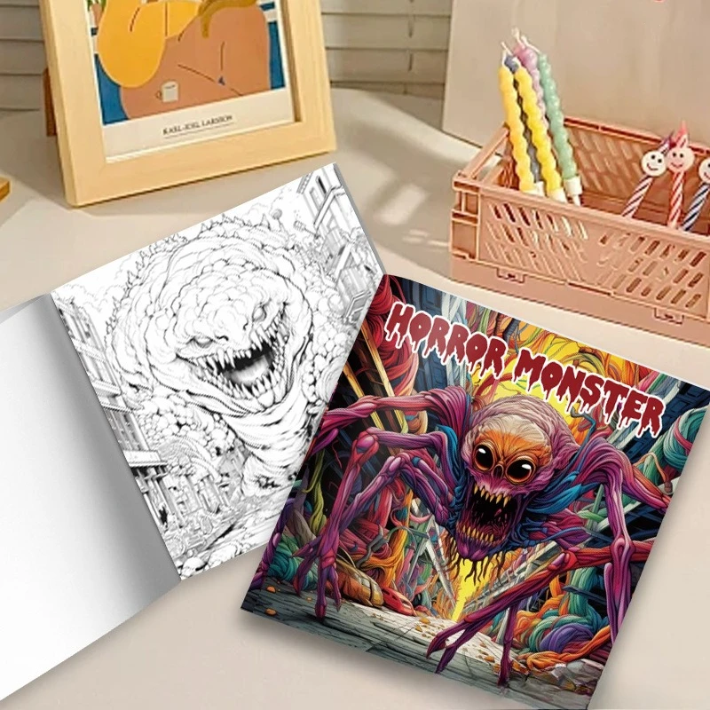 Horror Monster Coloring Book Creepy Skull Spider Mutant Creature Trippy Psychedelic Horror Background Stress Relief Drawing Book