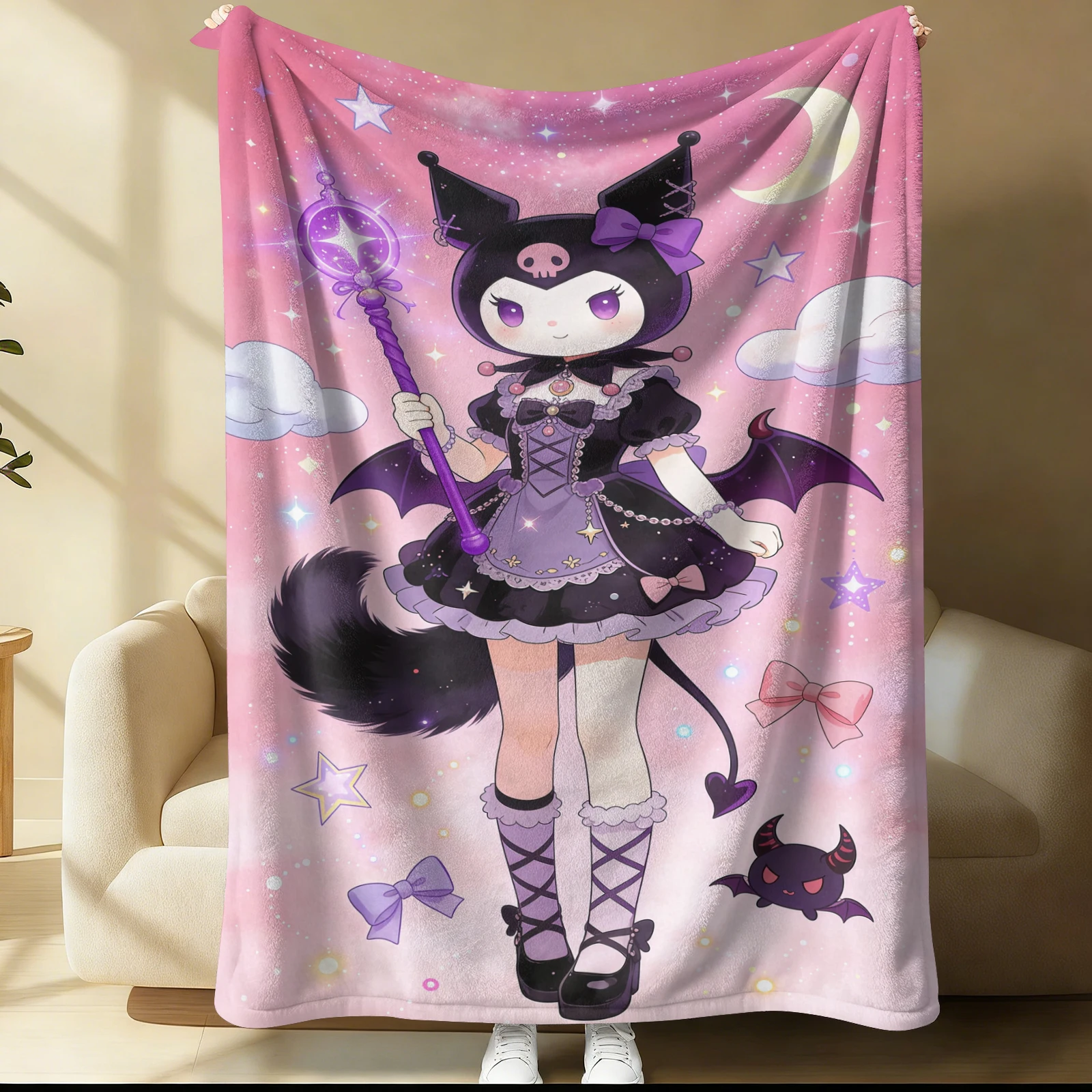 

Плед Kuromi «Розовое звездное небо» с милым узором в виде луны, банта и летучей мыши, фланелевый плюшевый плед для домашнего декора, одеяло для кондиционера