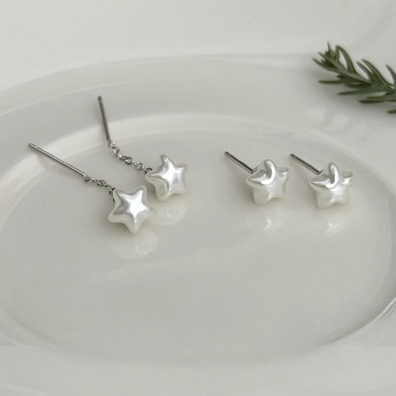 999 Fine Silver Pearl Stud & Threader Earrings – Minimalist Niche Designer Cute Star Small Earrings for Women