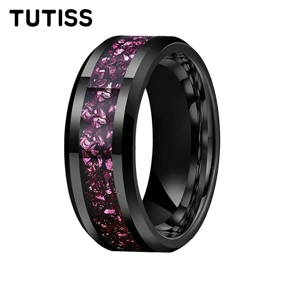 

TUTISS 6/8mm Tungsten Carbide Ring for Men, Purple Glass Stone Inlay Beveled Edge Polished Wedding Band Engagement Promise Ring
