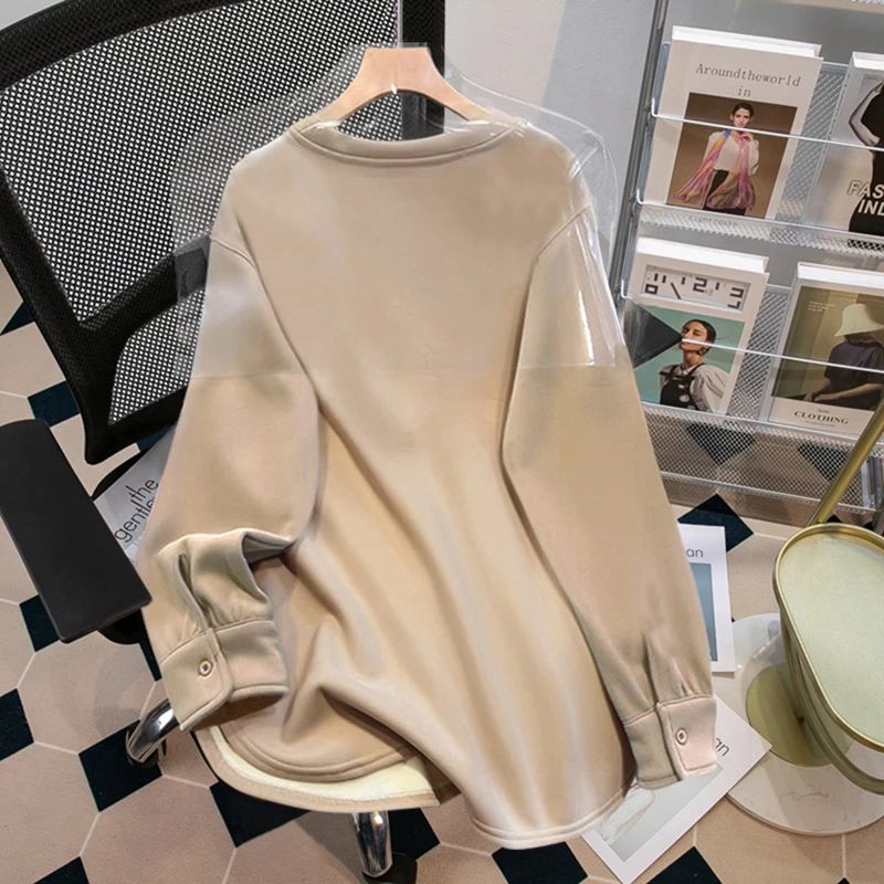 Fleece Lined Women's T-Shirt Loose Long Sleeve Mid-Length Fashionable Trendy Winter Base Layer Top Butt Covering Korean Style