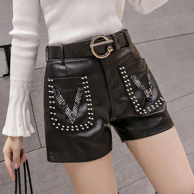 Women PU Leather Autumn Shorts With Belted Chic High Waist A-line Office Shorts Casual Loose Women Straight Trousers LX564