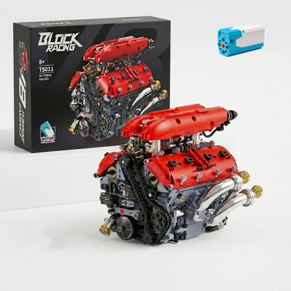 Technical V8 Engine Building Blocks, Gear Linkage Fine Details Restored, MOC Collectible Desktop Ornament Holiday Gift