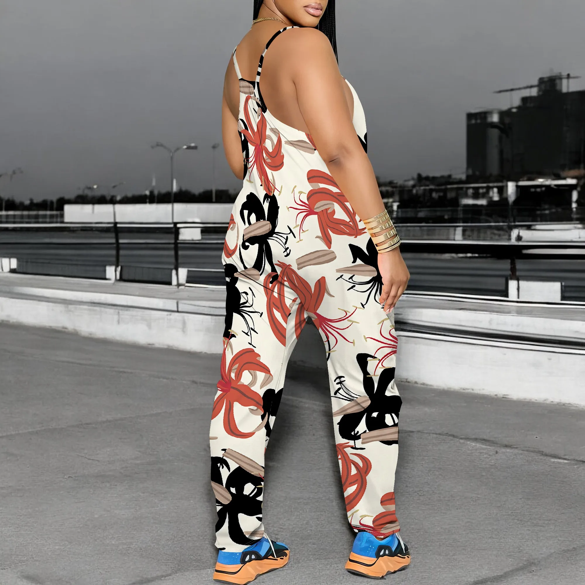 Brush Stroke Floral Print Jumpsuit for Women Sleeveless Spaghetti Strap Casual Vacation Outfit