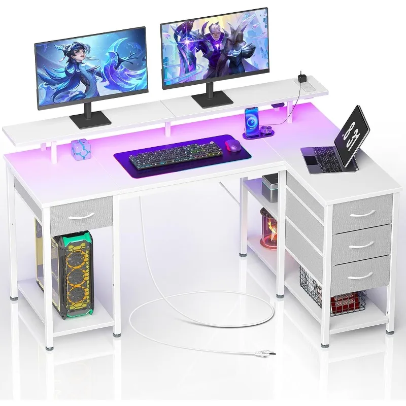 

Gaming Desk with Drawers, with LED Lights & Power Outlets, White Corner Computer Desk with Monitor Stand for Bedroom