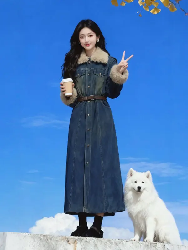 

Ретро-платье женское приталенное джинсовое с высокой талией, отложным воротником, повседневное, элегантное, хлопковое, с длинным рукавом, осенне-зимнее