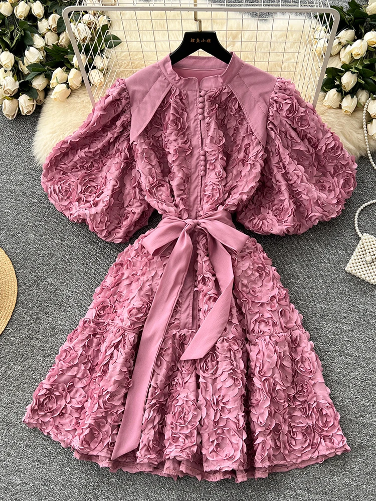 

Summer Women's Three-dimensional Flower Short Sleeved Mini Dress New French Single Breasted Birthday Party Dress Female B01