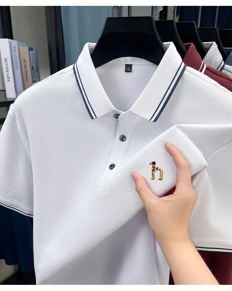 Premium Summer Men Two-Tone Striped Collar Polo Shirt, Solid Short Sleeve Soft Breathable Knit, Multiple Colors Available