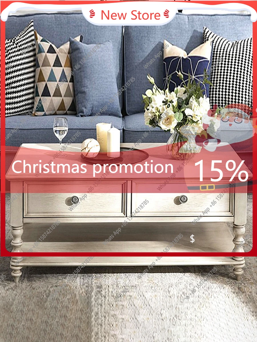 

J American Solid Wood Coffee Table Simple Modern Living Room Small Apartment Tea Table Retro White Household Double Drawer Small