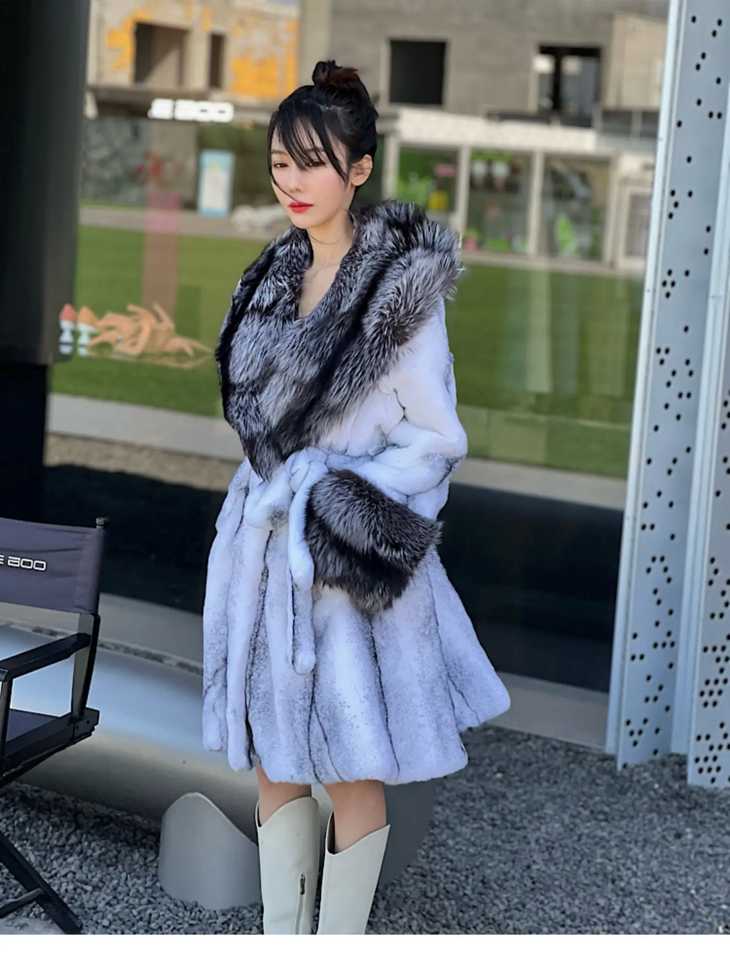 FURYOUME Long Natural Rabbit Fur Coat for Women Large Real Silver Fox Fur Collar Sleeve Cuffs Fashion Streetwear Winter