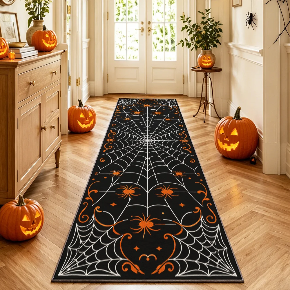 Halloween Spider Web Spider Print Runner Rug Non‑Slip Long Hallway Carpet For Entryway Corridor Home Holiday Party Floor Decor