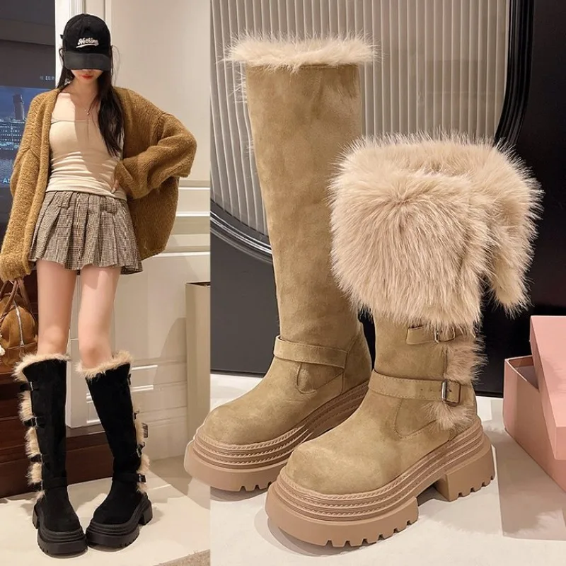 

Warm Fur Thick Bottom Suede Snow Boots Women 2026 Winter Luxury Metal Belt Buckle Knee High Boots Woman's Platform High Boots