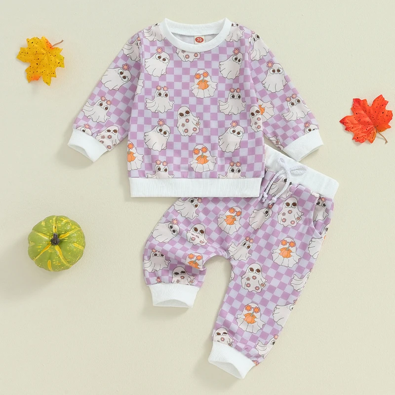 

Baby Girl Halloween Tracksuit Outfits Ghost Print Long Sleeve Sweatshirt Checkerboard Elastic Waist Pants 2 Piece Set for Fall