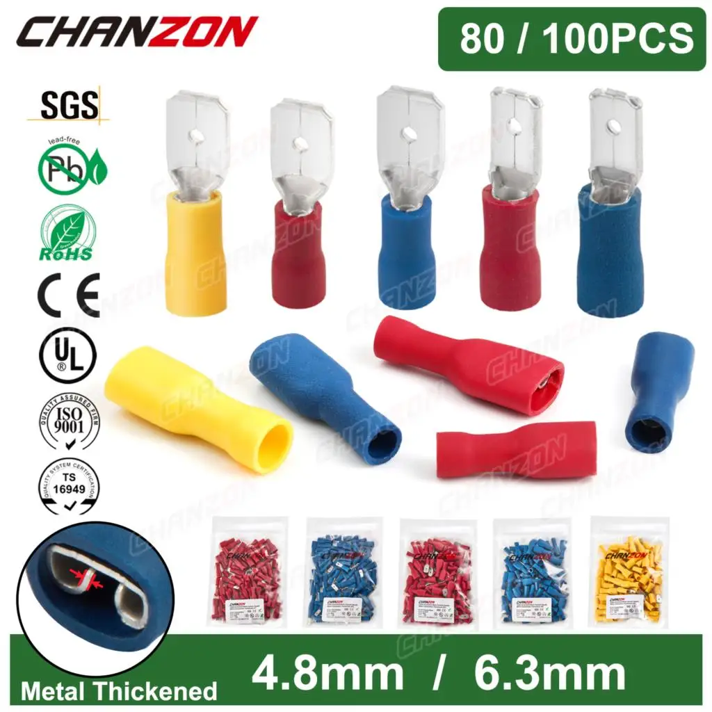 80/100PCS 4.8Mm 6.3Mm Insulated Male Female Crimp Spade Connectors Electrical Cable Wire Terminal Red Blue Yellow Assortment