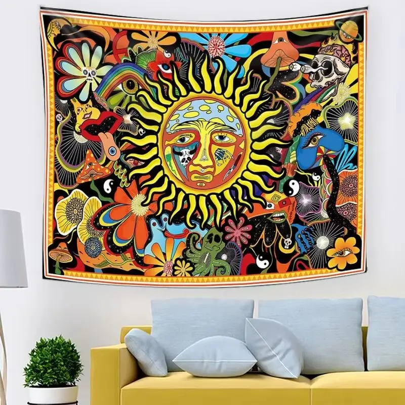 VIKAMA Trippy Hippie Sun Wall Tapestry Colorful Mushroom Skull Floral Yin Yang Boho Psychedelic Teen Room Hanging Cloth Decor