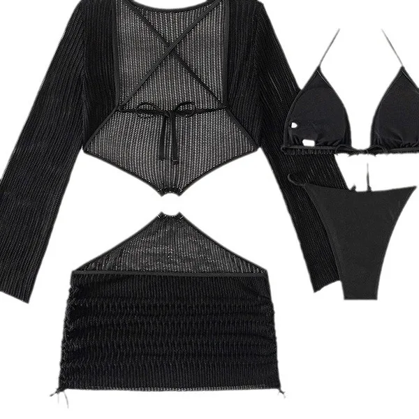 With Long Sleeve Cover Up Halter Bikini Women Swimwear Female Swimsuit Three-pieces Bikinis Set Bather Bathing Suit Swim