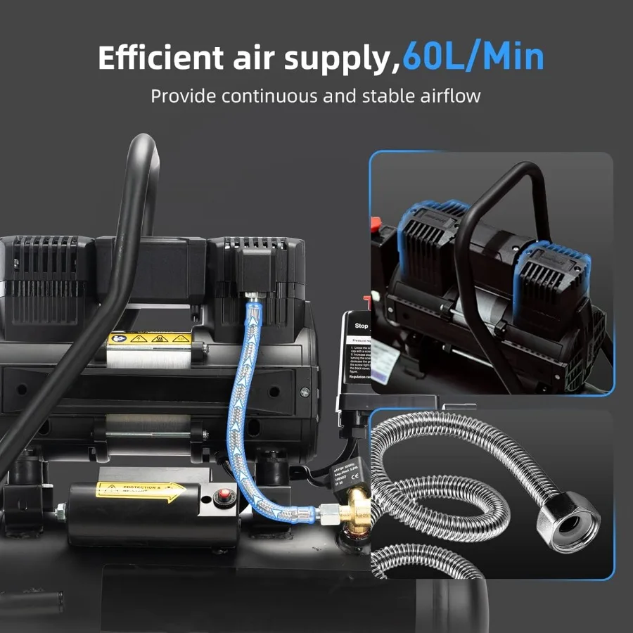 Air Compressor 2.0 Gallon 1.0 HP Oil Free Max 115 PSI 65dB Ultra Quiet Ideal for Auto Repair Tire Inflation Spray Painting and