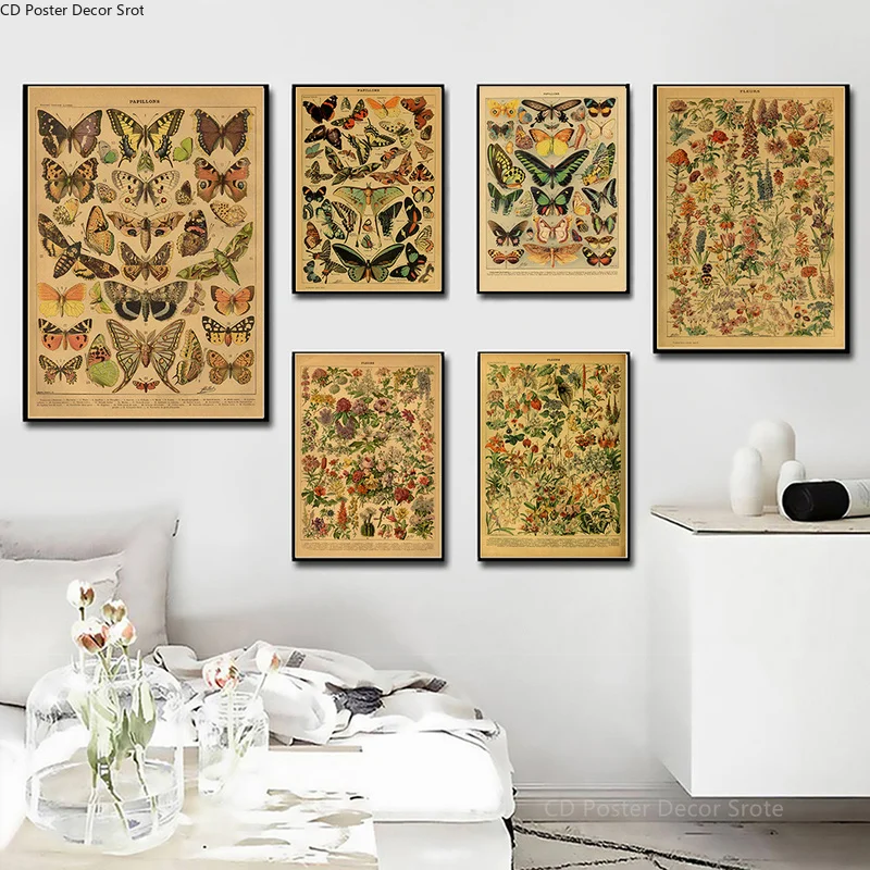 1PC frameless decorative art print,Butterfly Insect Flower Mushroom Poster Botanical Educational Kraft Paper DIY Vintage Home Ro