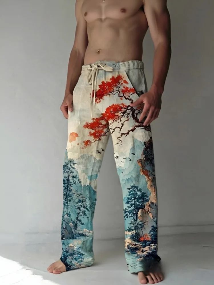 

Мужские длинные брюки в стиле ретро, винтажные праздничные спортивные универсальные брюки с рисунком солнца и закатом, повседневные брюки с акварельным художественным принтом
