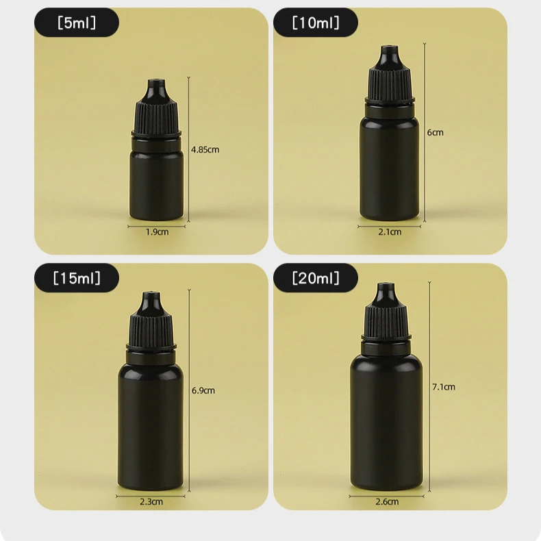 5pcs 5-20ml Black Plastic Bottle Empty Refillable Squeezable Eye Dropper Bottles with Screw Caps for Cosmetic Essential Oil