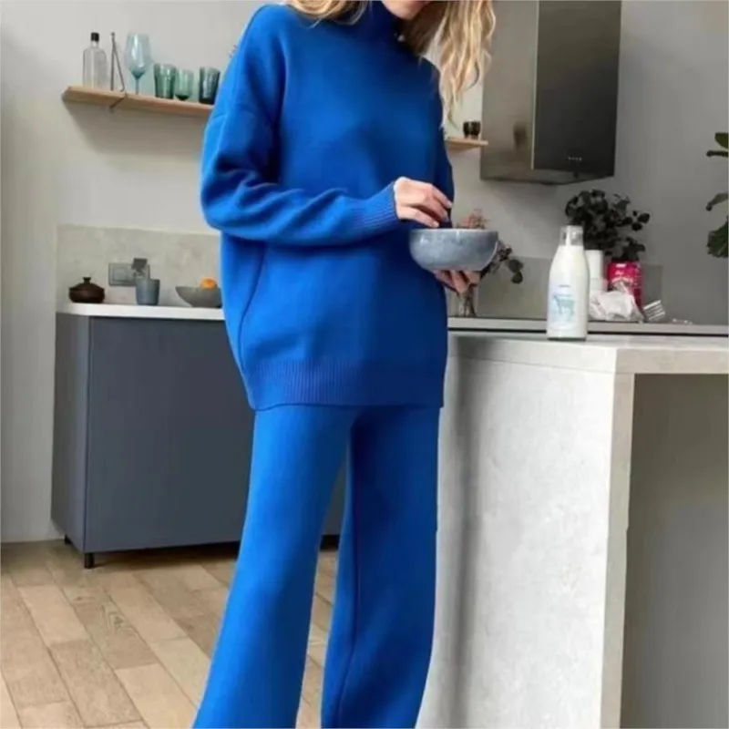 

Casual high neck long sleeved pullover+wide leg pants solid color two-piece set autumn winter women fashionable temperament set