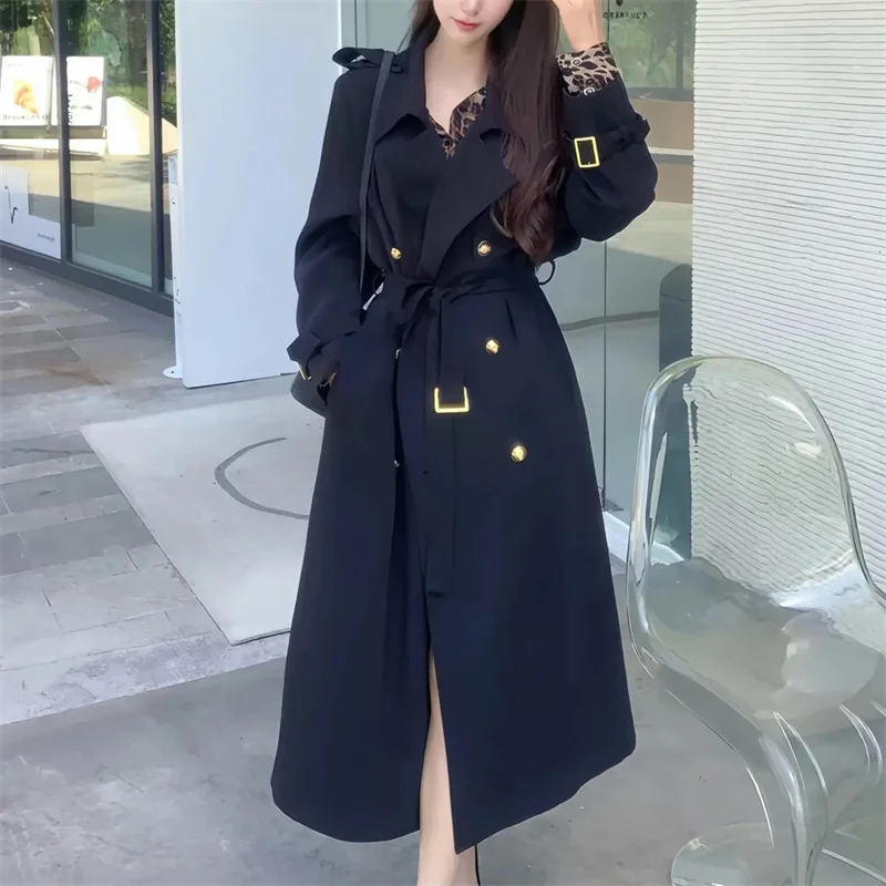 

Spring Autumn Long Trench Coat for Women Belt Double Breasted Chic Luxury Designer European Fashion Clothes