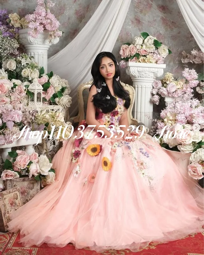 Fantasia floral a linha vestidos de noite lindo 3d apliques florais rosa tule vestidos de baile personalizado ocasião formal masquerade