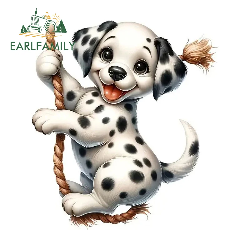 

EARLFAMILY Наклейка с пятнистым щенком на качелях, милые виниловые наклейки для автомобиля, кемпера, мотоцикла, багажника, окон, RV, JDM