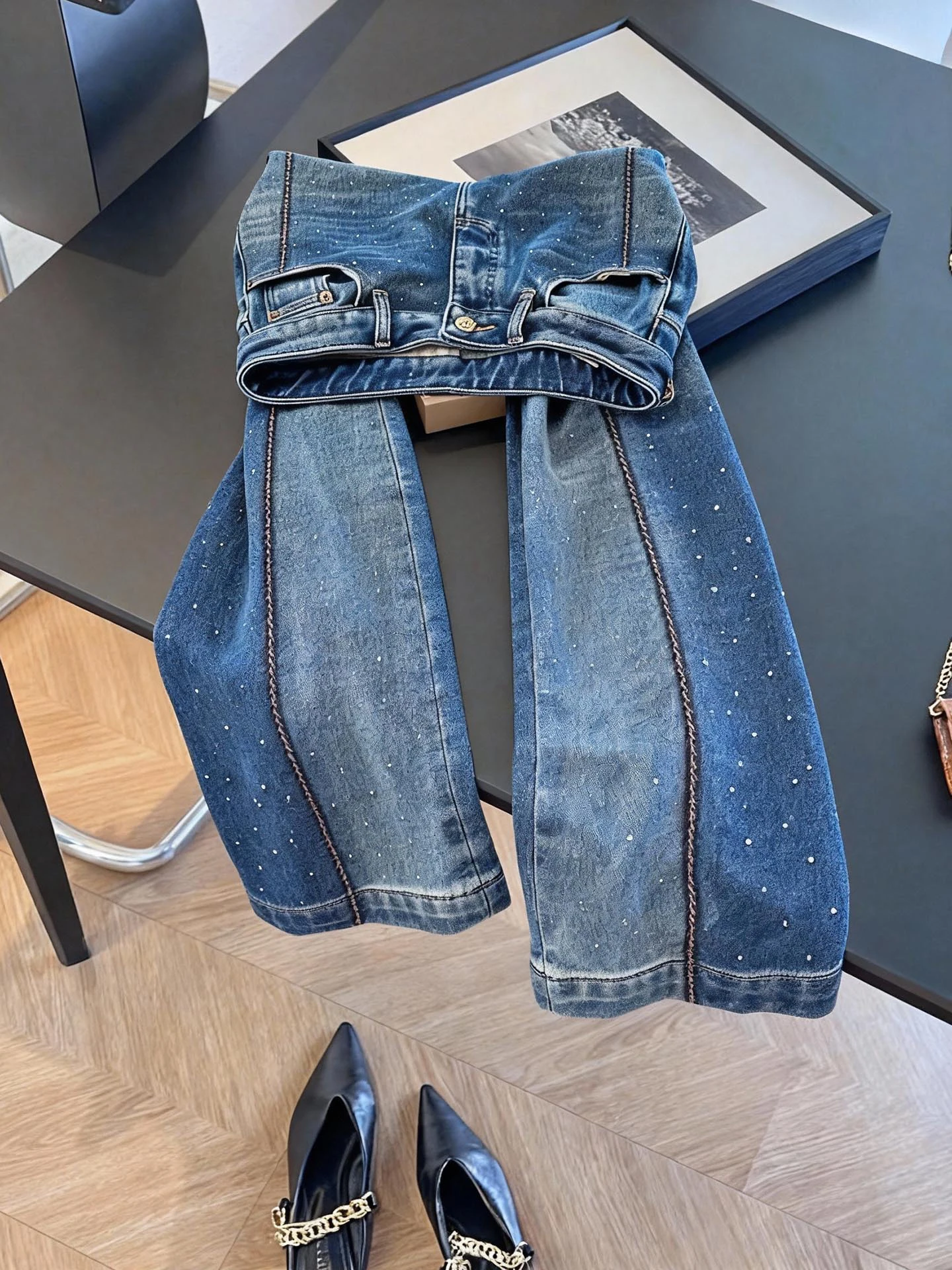 

Американские джинсы Heavy Du с широкими штанинами, женские весенне-осенние модные свободные прямые длинные брюки со звездами