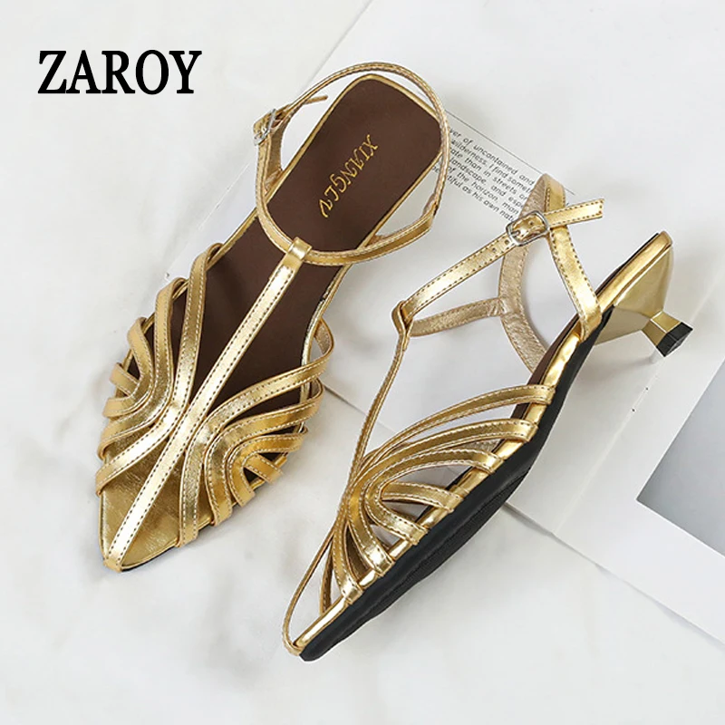 ZAROY Elegant Kitten Heels Women Sandals Narrow Band Weave Hollow T-tied Cross Strap Thin Heels Point Toe Banquet Sandalias