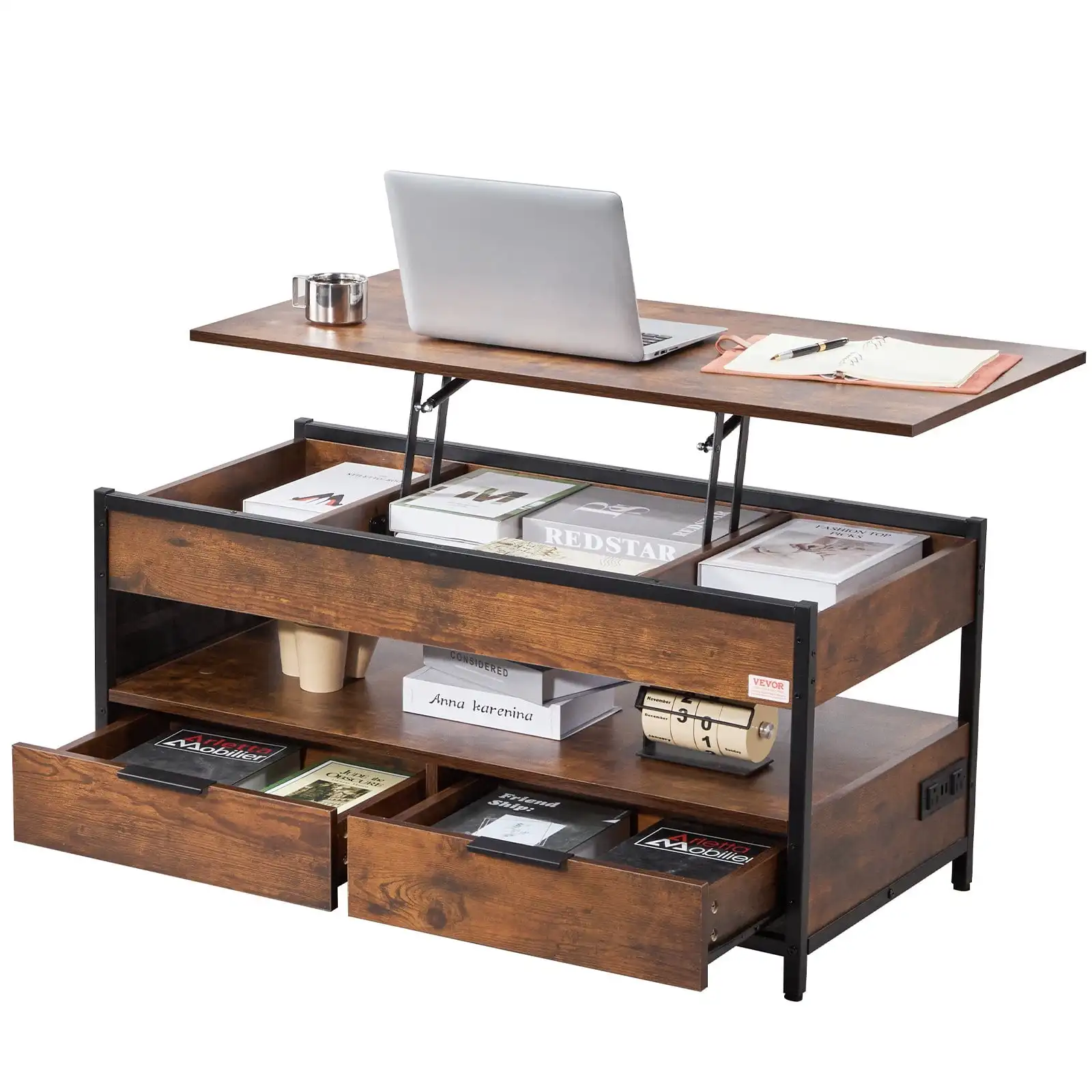 Mesa de centro Lift Top - Mesa de centro retangular de 39,4" com luz e USB, marrom