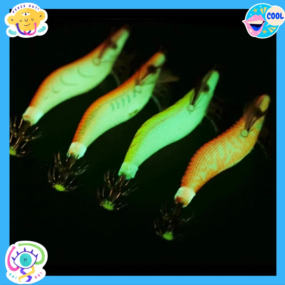 مجموعة مكونة من 4 قطع/صضيب صيد الحبار مع الروبيان الخشبي، طعوم الحبار والخطبوط المتوهجة، طعم صيد الحبار وإكسسوارات صيد الأسماك