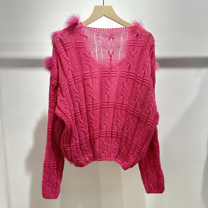 Women Spring Thin Real Fox Fur Lovely Sexy Openwork Sweater‌ Lady's Autumn Cute Loose Rose Red Sweater Knitted Coat