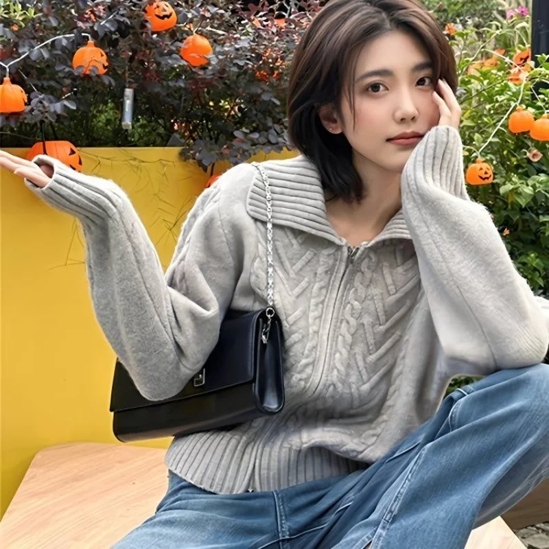 

Женский осенний новый стильный вязаный свитер на молнии с воротником-молнией, пальто в ленивом стиле, короткий элегантный нишевый вязаный кардиган