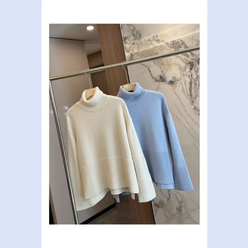 24-jarige TT herfst- en winterzoom split hoge hals kasjmier dames losse lange mouwen voorkant korte achterkant lange gebreide trui