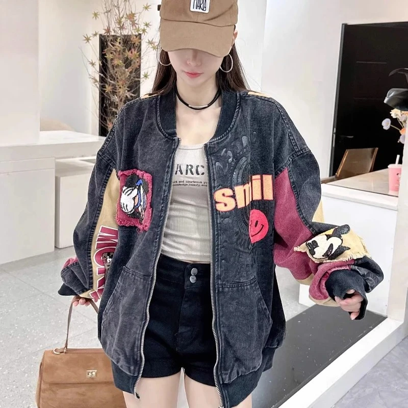 سترة ميكي ماوس كبيرة الحجم من قماش الدنيم المزودة بالترتر - سترة كرتونية راقية لتقليل العمر |   سترة عصرية فضفاضة