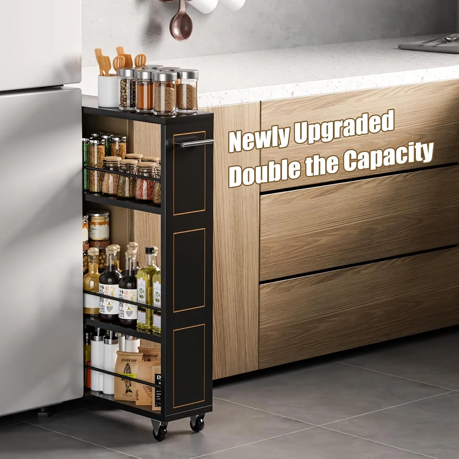 4 Tier Black Slim Storage Cart with Handle, Slide Out Storage Rolling Utility Cart for Kitchen, Laundry, Narrow Places-6.7