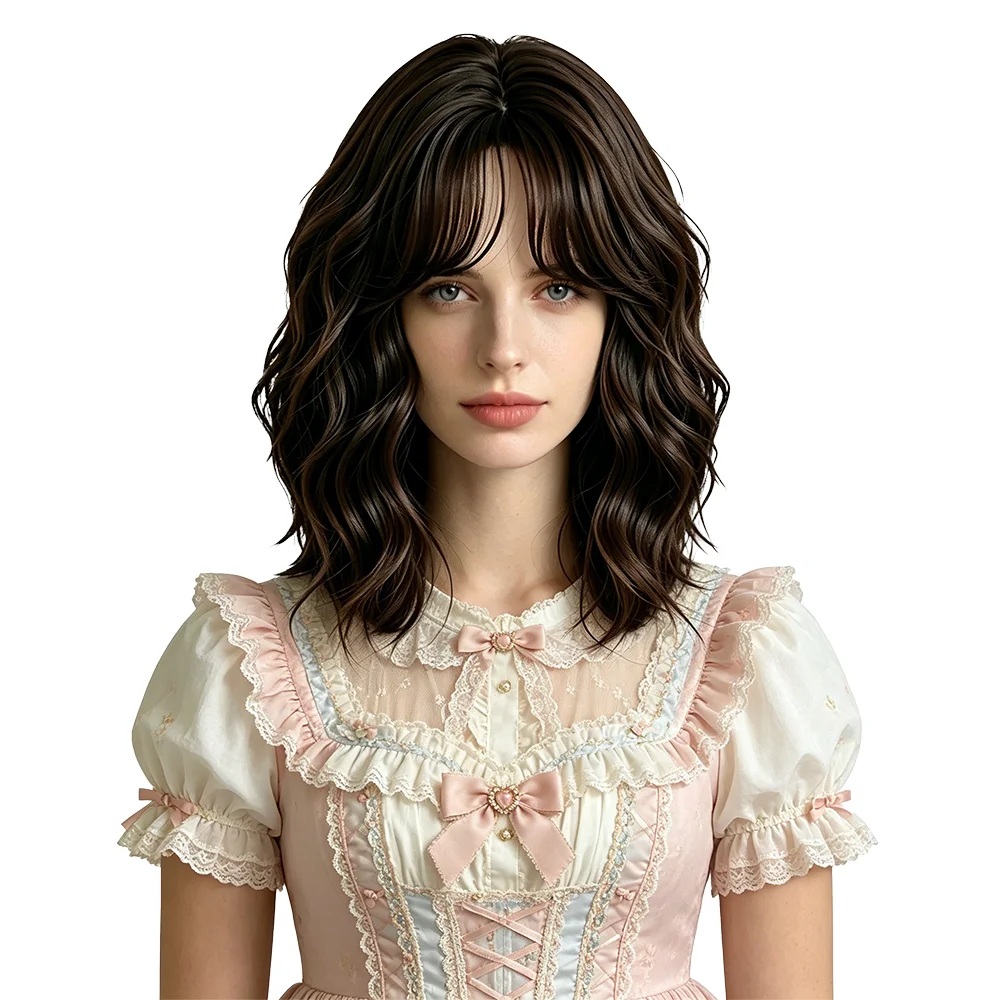 

Dark Brown Shoulder Length Water Wave Wig For Women Natural Looking Air Bangs Heat Resistant Synthetic Needed Clavicle Bob Wig