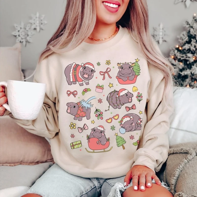 Moo Deng Christmas Sweatshirt Merch Cute Hippo Christmas Sweater Coquette Clothes Funny Baby Pygmy Hippo Winte Essential Hooded