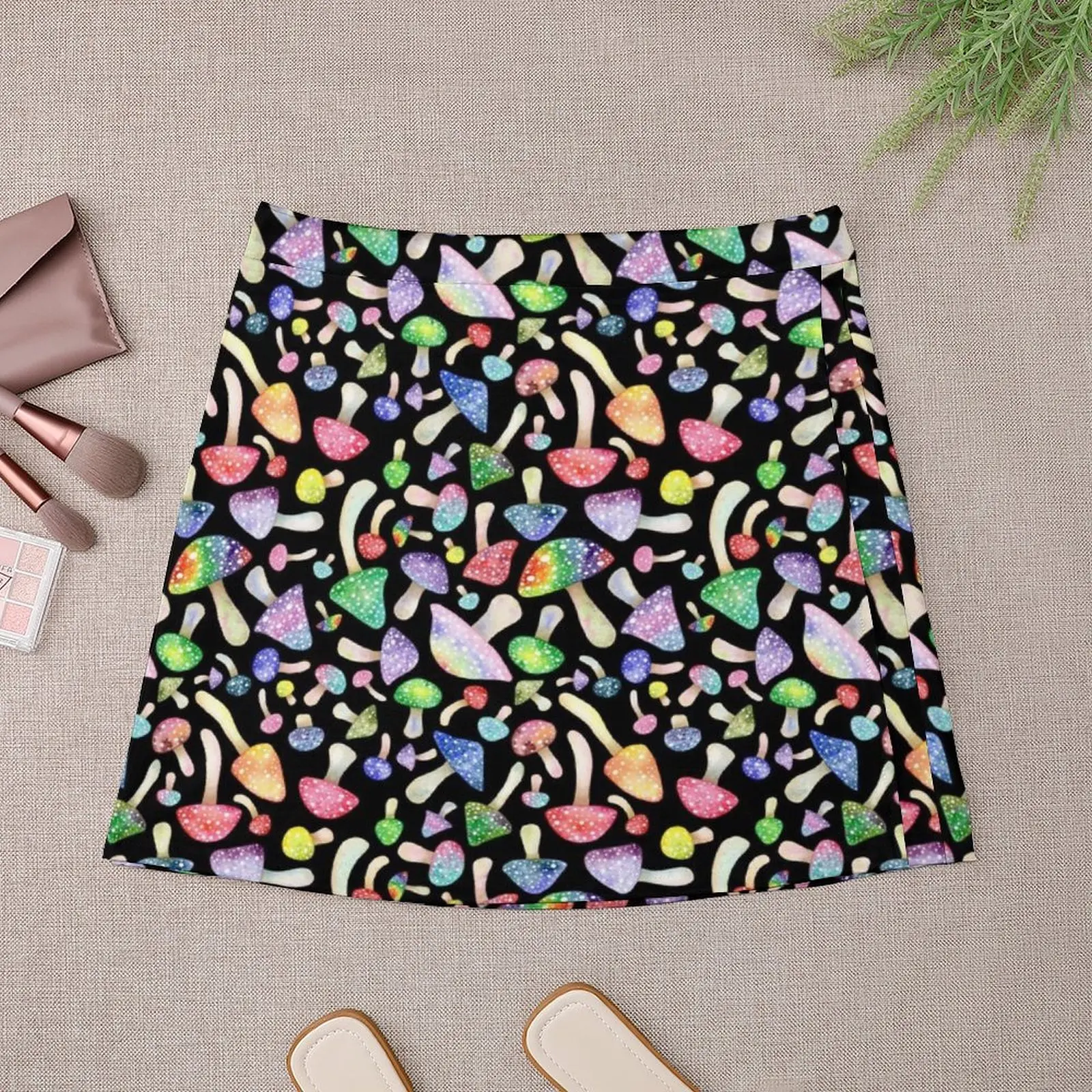 Spotted Watercolor Mushrooms on Black Mini Skirt Woman skirts japanese kawaii clothes