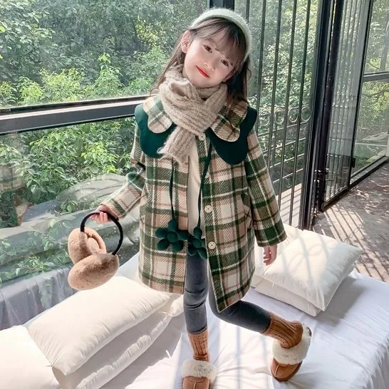 

Girl Top New Autumn Winter Korean Fashion Style Woollen Coat Baby Girl Retro Plaid Thick Padded Outerwear Children Clothes