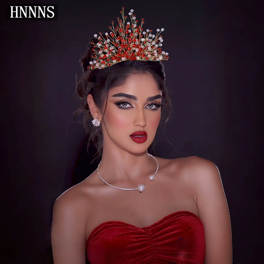 

HNNNS Luxury Crystal Ladies Hair Bands Red Crown Bridal Headdress Vintage Prom Dress Up Accessories Fashion Party Jewelry A326